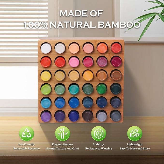 Bamboo Craft Paint Storage Organizer,36-Hole Vertical Paint Rack Stand for 2oz Craft & Acrylic Paints,Stackable Modular Storage Solution for Home, Classroom, and Office