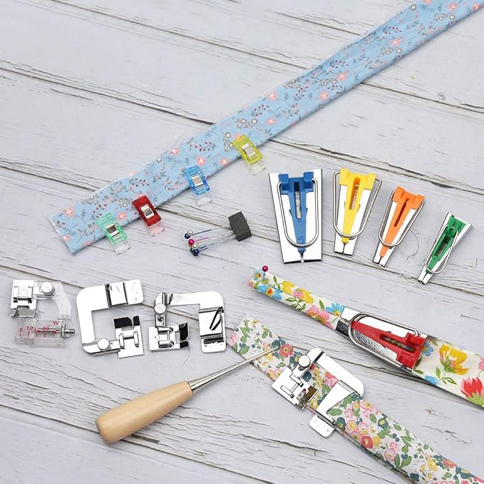 LUNARM Bias Tape Tool Kit with Instruction, 5 Sizes Bias Tape Maker (6mm 9mm 12mm 18mm 25mm) with 4 Pcs Sewing Machine Presser Foot, Sewing Clips, Ball Point Pins, Awl, for Fabric Sewing and Quilting
