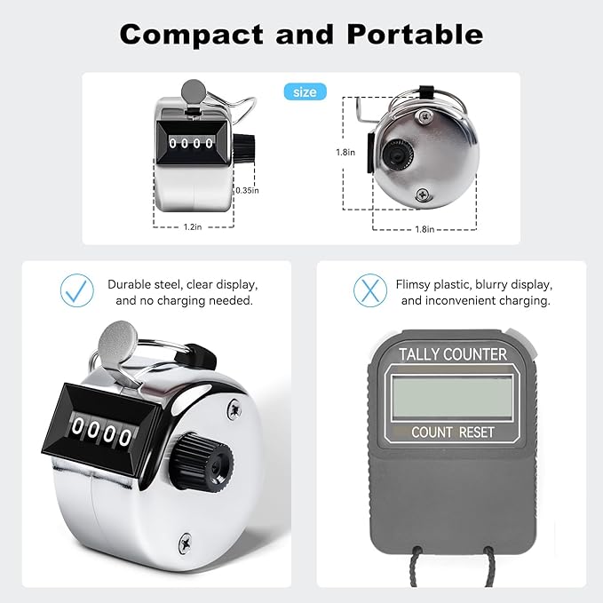 Clicker Counter, Metal Hand Tally Counter Clicker with 4 Digit Display, Pitch Counter for Golf Stroke, Baseball, Coaching, Knitting, Lap, Row Sport, Silver