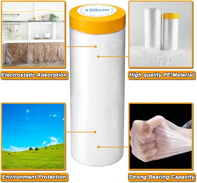 6 Pack Protective Masking Film with Tape 3.6/5/6 x 65 Ft Car Painters Plastic Sheeting Roll Tape and Drape Masking Film for Automotive Painting Covering Furniture, Auto Body, 3 Size