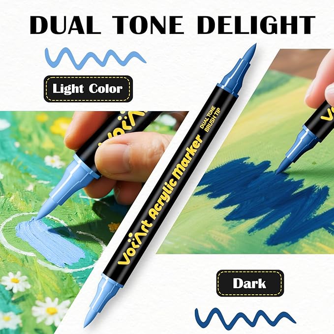 VOKART 60 Colors Acrylic Paint Markers - 30 Dual Brush Tip Paint Pens Including 2 Metallic Colors for Rock, Canvas, Fabric, Wood, Glass, Ceramic - Art Supplies for Artists, Kids, DIY & Holiday Decor