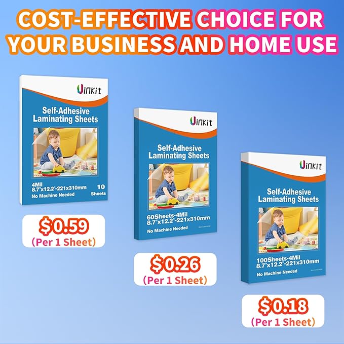 Uinkit 4Mil Thicker Single-Sided Self-Adhesive Laminating Sheets 100Pack (Bulk Supply) Letter Size 8.5x11"- Bulk Laminating Paper for Businesses, Schools & Restaurants - No Heat Machine Needed