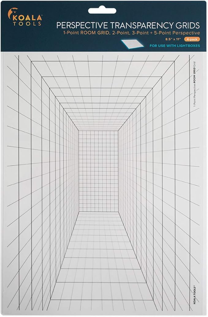 Koala Tools | Perspective Grid Transparency Sheets (Variety Pack of 4) - 8.5" x 11" | Overhead Projector and Light Box Transparencies - Tracing Film for Sketching & Drawing