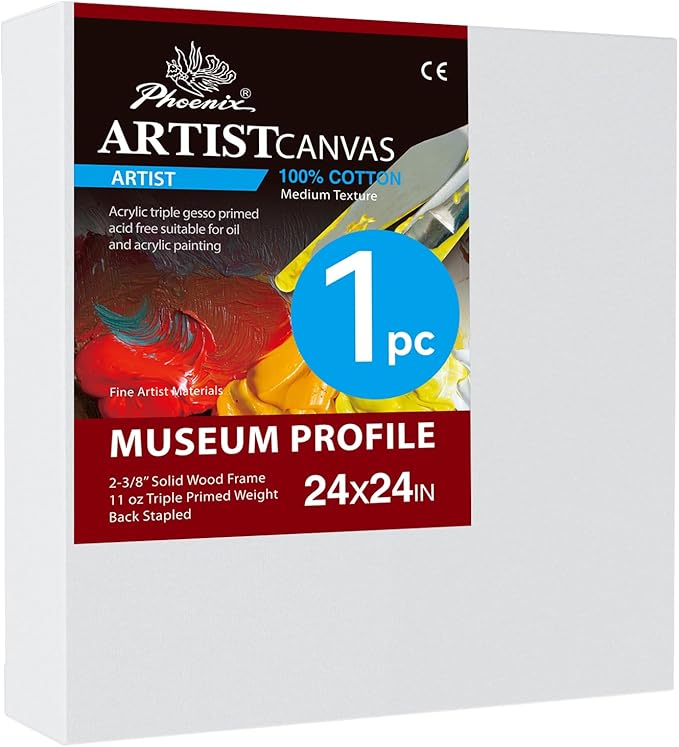 PHOENIX 24x24 Inch Museum Canvas - 2 3/8 Inch Thick Porfile Deep Large Stretched Canvas for Painting 1 Pack 100% Cotton 11 Oz. Gesso Primed White Blank Professional Canvas Oil & Acrylic Paints