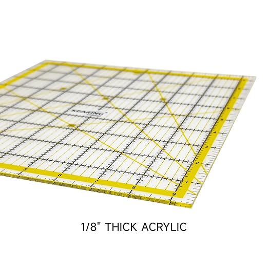 KERING Square Quilting Ruler - 9.5x9.5 inch Anti-Slip Acrylic Ruler for Patchwork Piecing, Bias Strips & Rotary Cutting, Professional Quilter's Tool with Dual-Angle Guide