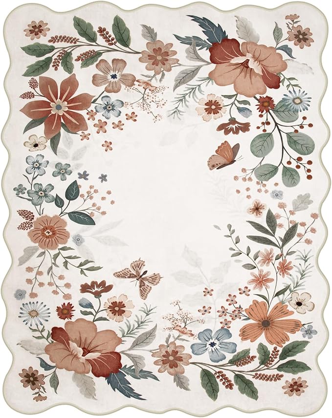 Beeiva Living Room Rugs 8x10 - Scalloped Floral Printed Soft Non Slip Washable Flower Rug for Bedroom Under Bed Boho Aesthetic Rugs Stain Resistant Large Carpet for Nursery Dorm(Beige,8x10ft)