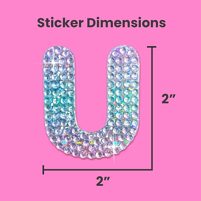 StickerBeans® Rhinestone Alphabet Letter Sticker U - Unique Sparkly Design 2” x 2” Cut-to-Shape Adhesive - Personalization, Collecting, Gifting, Scrapbooking, Decorating Laptops, Phone Cases, All Ages
