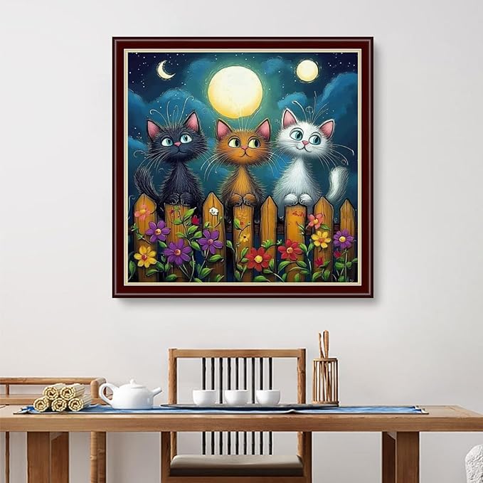 Dimensean Stamped Cross Stitch Kits Full Range of Embroidery Patterns Starter Kits for Beginners Adult or Kids DIY Cross Stitches Needlepoint Kits 11CT-Cat Admiring The Moon 18x18 inch