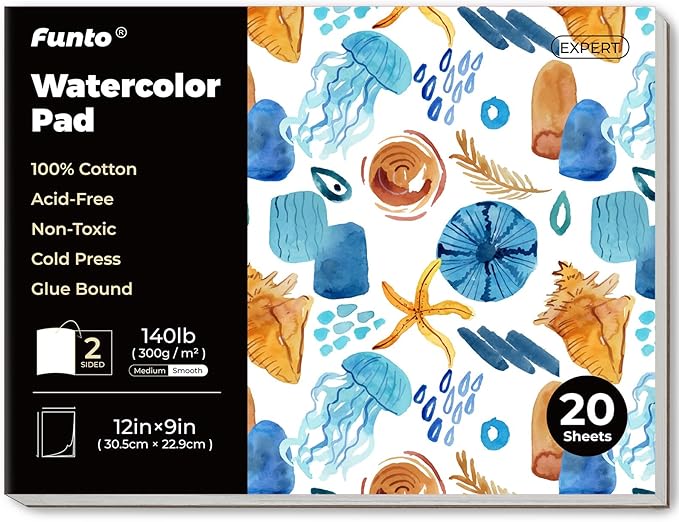 Funto Watercolor Pad, 12×9", 20 Sheets, 140lb/300gsm, 100% Cotton, Cold Press, Glue Bound, Double-Sided, Easy Tear Heavyweight Art Paper for Painting