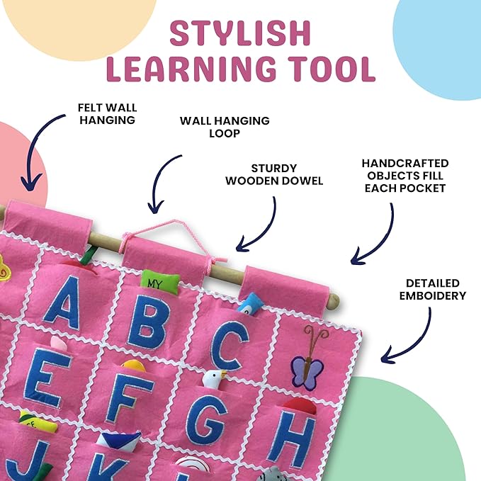 Pockets of Learning Pink ABC Felt Wall Hanging Chart - Early Education Alphabet Fabric Wall Décor for Children's Room | Engaging Educational Learning Art for Kids with Fabric Objects in Pocket
