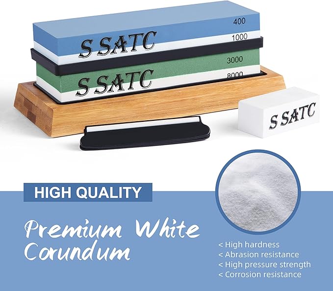 S SATC Knife Sharpening Stone Whetstone 4 Side Grit 400/1000 3000/8000 Stone Knife Sharpeners with Nonslip Rubber Bases, Wood Base, Flattening Stone, and Leather Strop