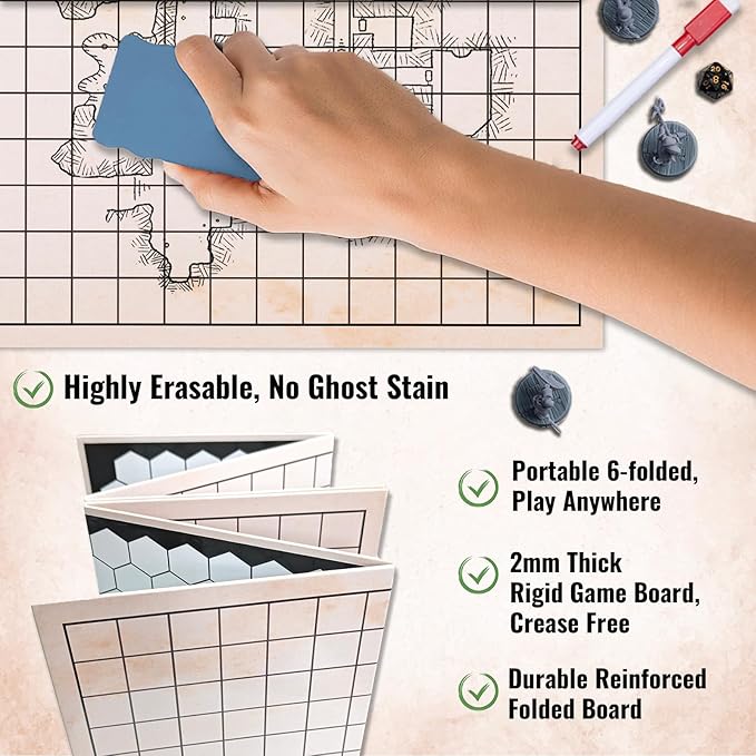 Foldable DND Battle Map Set – Reusable Dry Erase RPG Board with Double-Sided Square & Hex Grids, Tokens & Markers – Travel Starter Kits for D&D, Pathfinder and TTRPGs