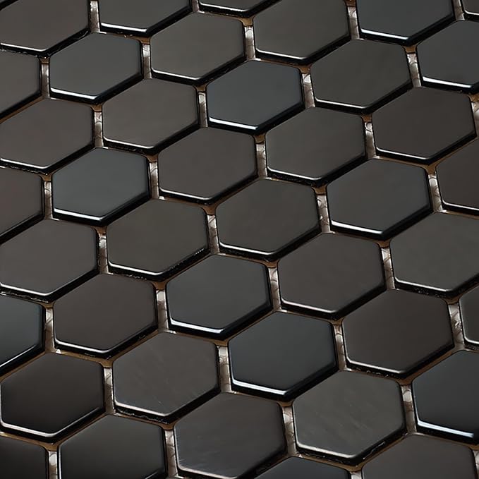 Blujellyfish Hexagon Black Tile Backsplash Metal Mosaic Wall Floor Tiles (Box of 5 Sheets)