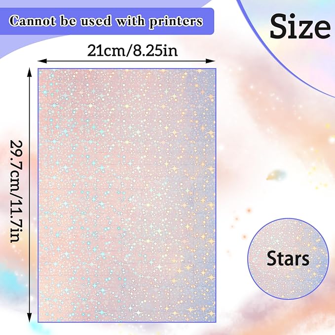 36 Sheets Holographic Sticker Paper Clear A4 Vinyl Sticker Paper Self Adhesive Waterproof Transparent Film Gem Rainbow Star Patterns, 11.7 x 8.3 Inch (Star)