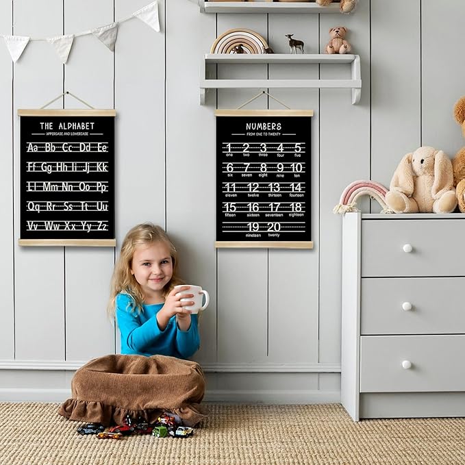 Alphabet and Numbers Wall Chart Set of 2,Kids Educational Posters,ABC and 1-20 Number Learning Banners for Toddlers, Preschool Classroom, Nursery, Playroom Decor14 x 18.5 In(Black and white)