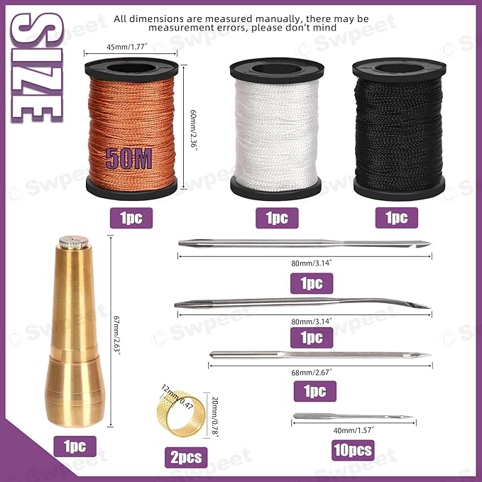 Swpeet 19Pcs Portable Canvas Leather Sewing Awl and Needle Kit With Nylon Waxed Cord Thread Thimble Assortment, Copper Handle Tools for Leather, Shoe and Repair