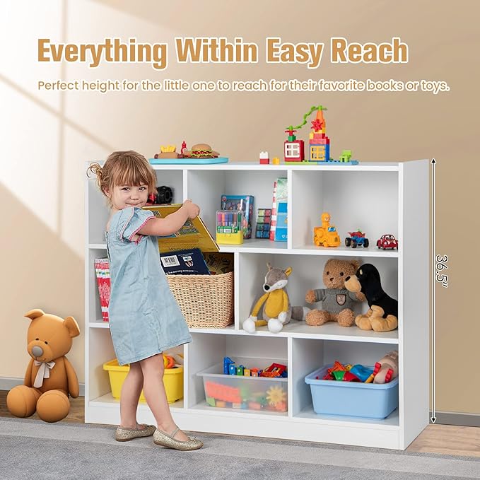 KOTEK Toy Storage Organizer, 8 Cubby Kids Bookshelf, Wooden 4-Tier Bookcase Storage Cabinet, Open Display Book Shelf for Daycare, Nursery, School Classroom, Playroom & Bedroom (White, 8 Cubes)