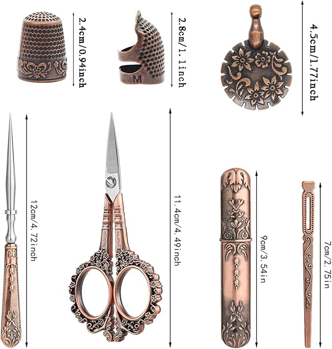 Vintage Embroidery Scissors Set, European Style Stainless Steel Sewing Tools for Sewing, Craft, Art Work, Needlework, Copper
