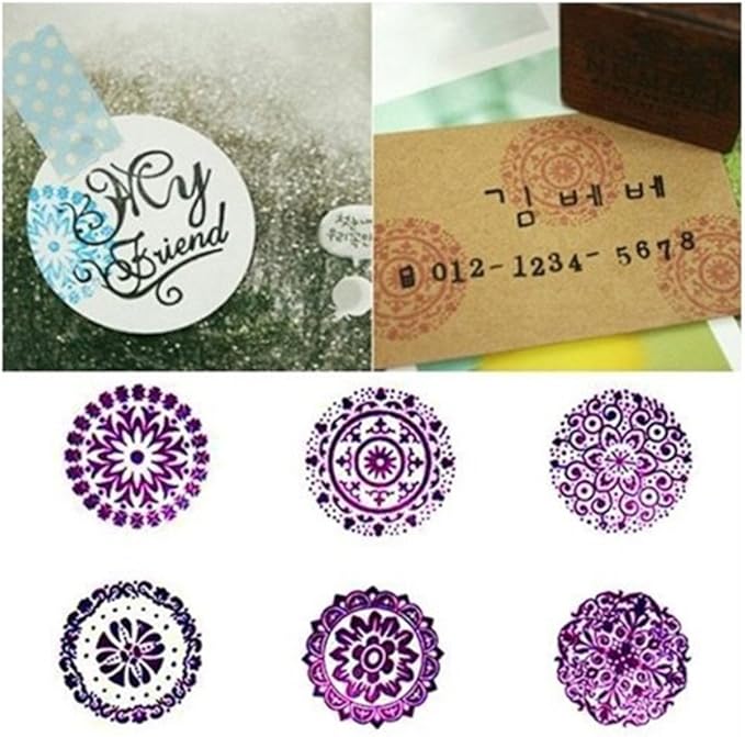 DECORA 6 Pieces Floral Pattern Round Wooden Rubber Stamp for Scrapbooking