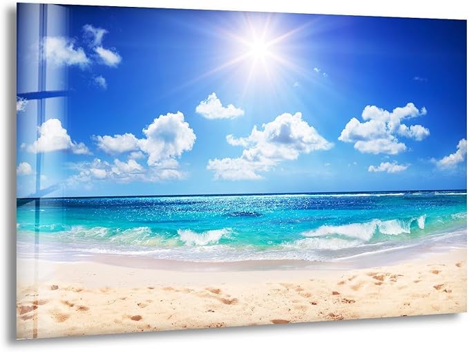 My Photostation.com Round 24'' Summer Beach Landscape Glass Wall ArtTempered Glass Printing Wall Decor Large Wall Art Wall Hangings