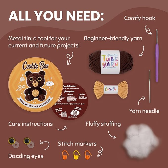 Cookie Box Crochet Kit for Beginners – Gift Set to Make Bear Bruno Amigurumi Plushie – Easy DIY Crochet & Knitting Starter Kit with Video and PDF Tutorials