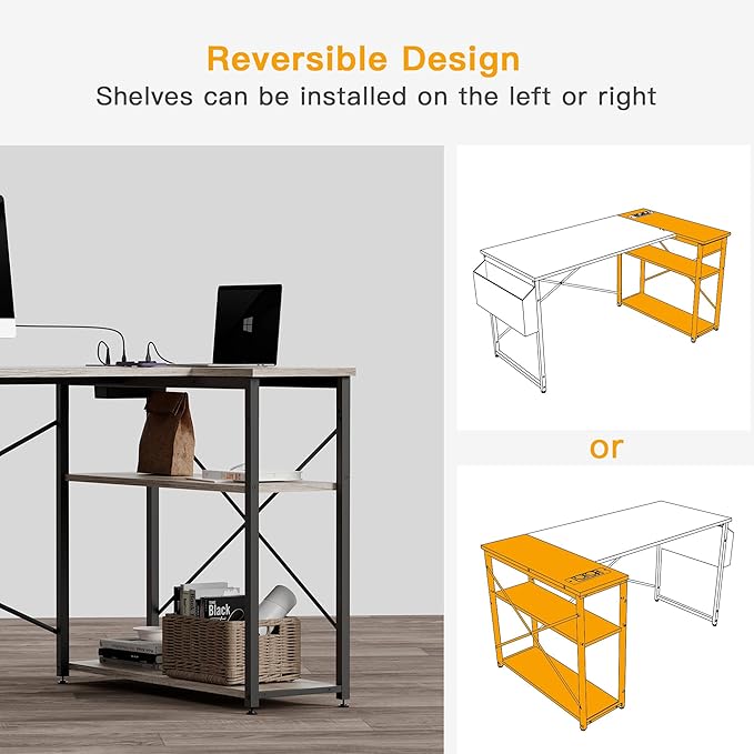 TIQLAB L Shaped Computer Desk with Power Outlets, 47 Inch Gaming Desk, Small Desk Corner Desk with Reversible Shelves, Study Desk Writing Desk for Home Office Bedroom, Work from Home, Beige, Grey