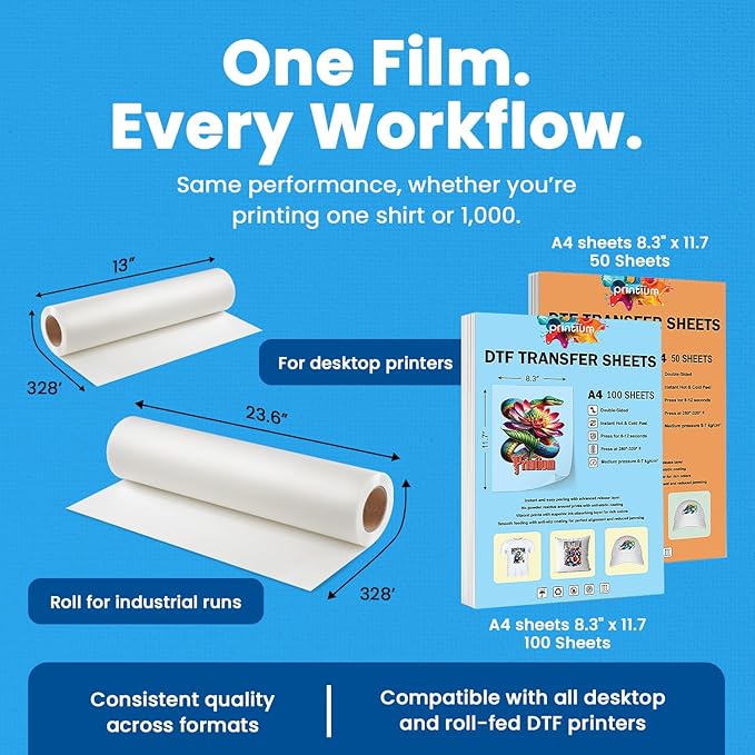 DTF Transfer Film Roll 13inch x 328ft – Instant Hot & Cold Peel – Double Matte Anti-Static Coating – Premium Heat Transfer Film for Vibrant Colors & Durable Prints – Works with All DTF Printers