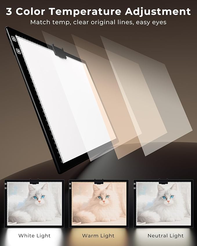 Bylitodt Rechargeable A3 Light Pad, Diamond Art Light Board, Lightbox for Tracing and Drawing with 3 Colors & 6 Brightness, Tracing Pad for Weeding Vinyl, Sketching, Diamond Painting Accessories