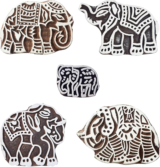 Royal Kraft Elephant Wooden Printing Stamps (Set of 5) - DIY Henna Fabric Textile Paper Clay Pottery Blocks Htag2201