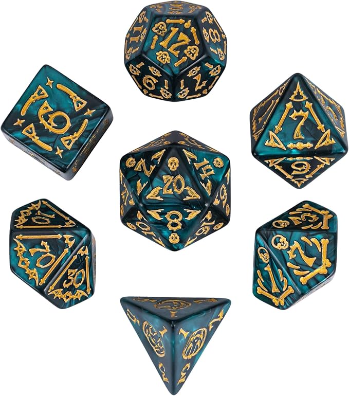 7-Die DND Dice Set Halloween Pattern Polyhedral Die Set with Leather Bag, Skull Dice D&D Die for RPG Table Games (Halloween Pattern-Green)