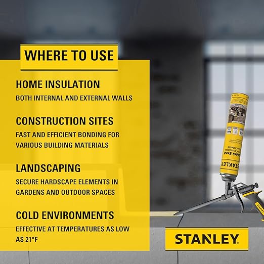 Stanley Quick Bond Adhesive Foam - 12x24oz, Reliable Bond Adhesive for Various Materials, Strong bonding, No Mixing, Gun Use, Including Gun, 2 Cleaners | 12 Pack