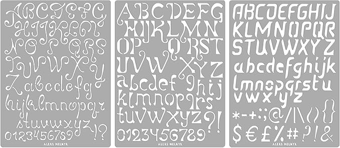 Aleks Melnyk No.44 Pyrography Stencils, Wood Burning 3 PCS Templates, Metal Letters Stencil for Engraving Wood and Patterns, Alphabet and Number, Lettering, Letting, Stainless Steel
