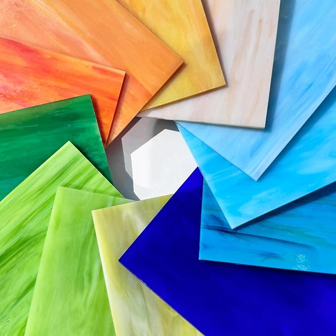 ILLUCKAI 12 Sheets Stained Glass Sheets Orange Green Blue Colors, 4 x 6 inch Cathedral Art Glass for Crafts, Stained Glass Supplies Mosaic Tiles for Projects