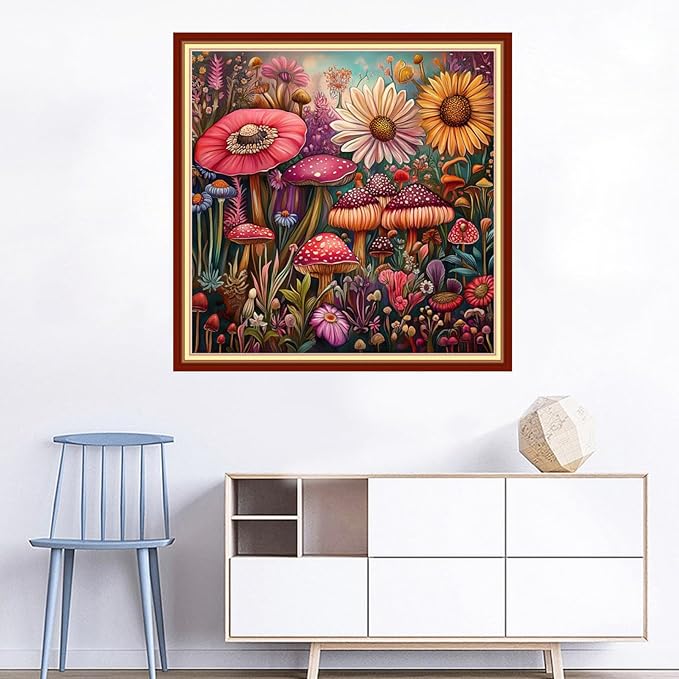 Joyhoor Cross Stitch Kits for Beginners Stamped Cross-Stitch Supplies Needlework preprint Embroidery Kits for Adults DIY Needlepoint Kits Embroidery Patterns 11CT-Colorful Mushroom Flowers 18x18 inchs