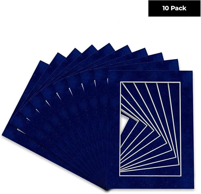 Pack of Ten Acid Free 8x10 Mats Bevel Cut for 5x8 Photos - Brooke Blue Suede Precut Matboards With Backing Boards and Self Seal Photo Mat Bags For Pictures, Photos, Framing - 4-ply Thickness
