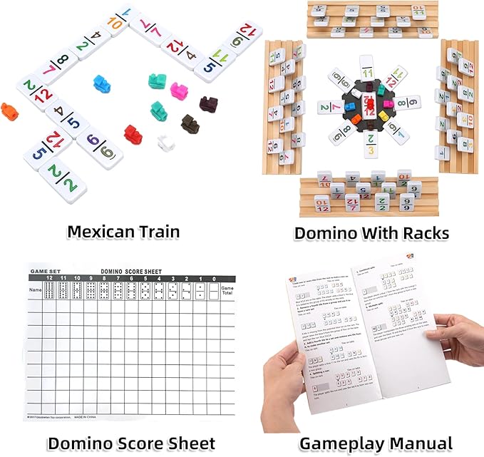 Mexican Train Dominoes Set Numbers and 8 Wooden Holders, Double 12 Travel Domino Train Game with 91 Colored Tiles and Protable Case, Number Domino Set for Kids, Adults Family Board Team Games