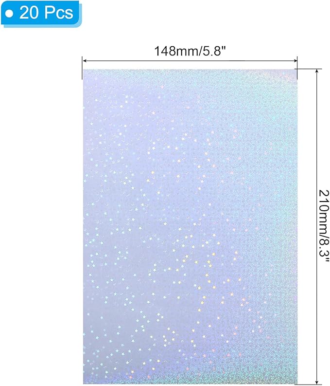 PATIKIL 8.3x5.8 Holographic Sticker Paper, 20Sheets A5 Polypropylene Self-Adhesive Transparent Waterproof Laminate Overlay Film for Photo Cards Scrapbook Decorations, Star