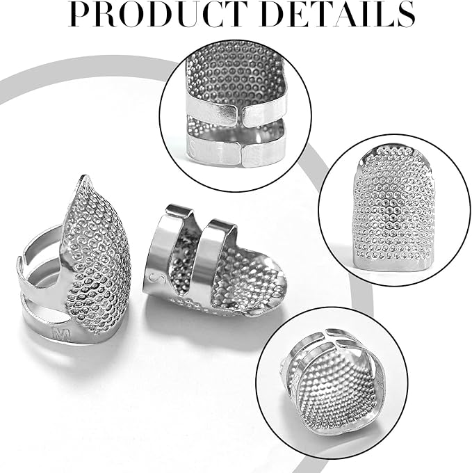 FR 4 Pack (2 Sizes, S/M) Thimble Finger Protector, Adjustable Metal Shield for Pins and Needles, Sewing Quilting Craft Accessories, DIY Tools, Needlework Silver