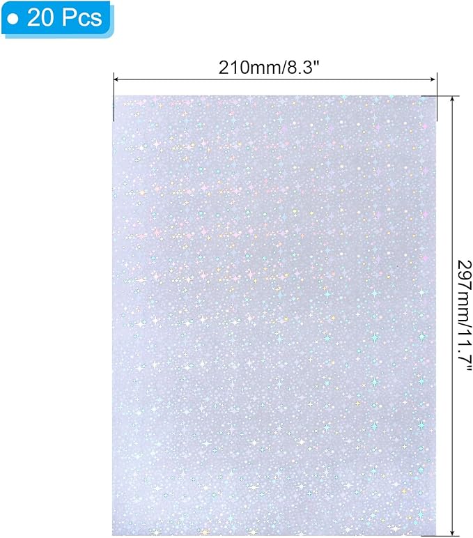 PATIKIL 11.7x8.3" Holographic Sticker Paper, 20Sheets A4 Polypropylene Self-Adhesive Transparent Waterproof Laminate Overlay Film for Photo Cards Scrapbook Decorations, Starlight