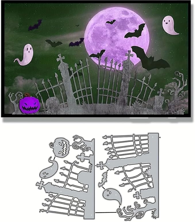 Lapoo Halloween Metal Cutting Die for Scrapbooking, 3D Backgrounds Frame New Cutting Dies DIY Album Card Making Decor Paper Metal Die Cuts Party Wedding Decorations (Cemetery Fence 6 x 4.3 in)
