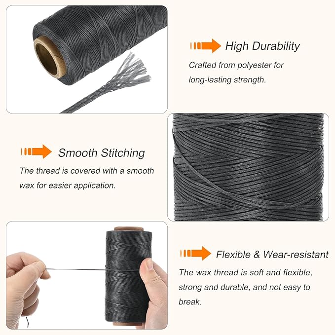 MECCANIXITY Waxed Thread,284 Yard 0.8mm 150D Flat Wax Thread Polyester Waxed String for Leather Sewing Hand Weaving Book Binding Home Decoration,Deep Gray
