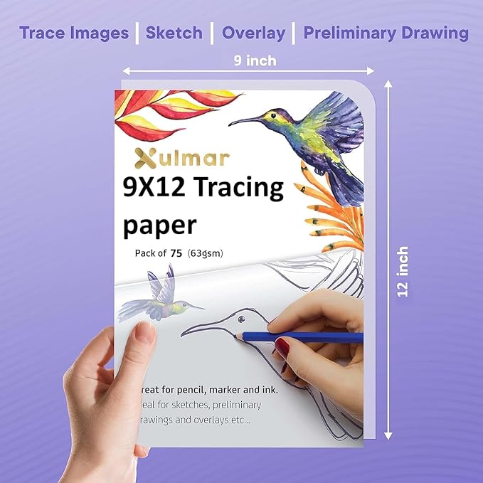 Xulmar 9x12 Tracing Paper 63 GSM - Pack of 75 Sheets Tracing Paper for Sewing Patterns, Drawing Overlays & Sketching on Art Paper & Sketch Book