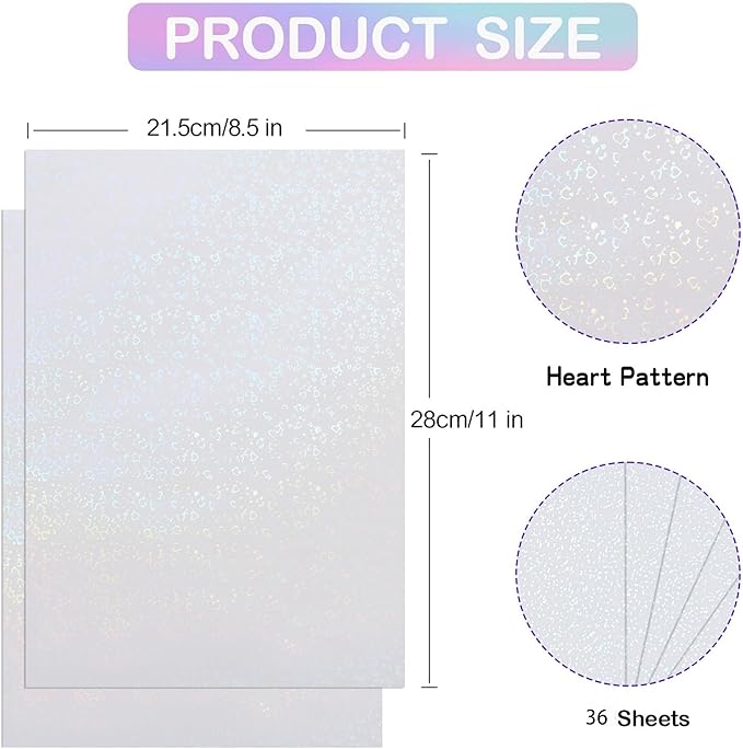 Holographic Sticker Paper, 36 Sheets Transparent Holographic Vinyl Overlay Lamination Sheets, Clear Self Adhesive Laminate Sticker Film for Stickers DIY Crafts, Heart Patterns - 8.5x11 Inch