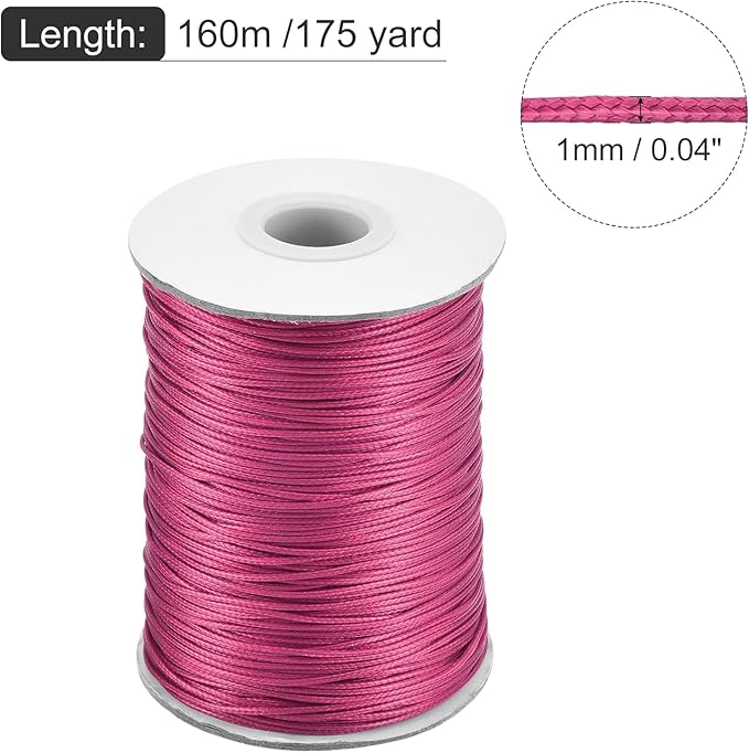 MECCANIXITY Waxed Cord 1mm Waxed Polyester Cord 175 Yard Wax String for Bracelet Making,Necklaces, Beading,Jewelry Making and DIY Crafts(Rose Red)