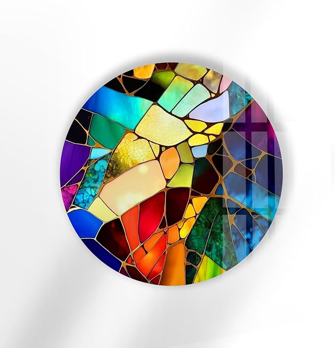 My Photostation.com 24''(60cm) Diameter Multicolor Round Stained Glass Wall Art Vibrant Mosaic Abstract Panel Tempered Glass Printing Wall Decor Large Wall Art Wall Hangings