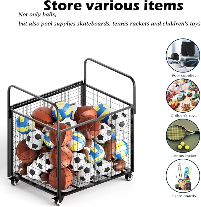 Ball Storage - 22.83" Basketball Cart With Wheels Garage Volleyball Storage Sport Equipment Holder Organizer For Indoor Outdoor,Metal Storage Rack For Playgroup,Gym And School