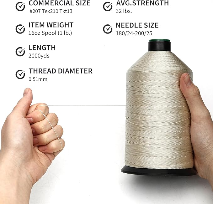 Extra Strong Bonded Nylon Thread #207 Tex210 – 16 OZ, 2000yds, Versatile Stitching Solution for Leather, Upholstery, Canvas Repair and More (Beige)