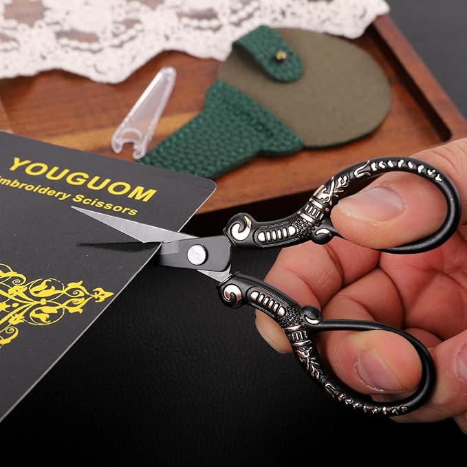 Antique Scissors with Cover, Sharp Sewing Scissor for Craft Needlework Cross Stitch, Small Thread Snips Little Detail Shears Black DIY Tools
