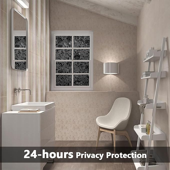 LEMON CLOUD Total Blackout Window Film Privacy Static Cling Frosted Black Window Covering 100% Opaque Film Tint Darkening Removable Film for High Privacy，(Blackout Tulip Design,17.5 x157.4 inches)
