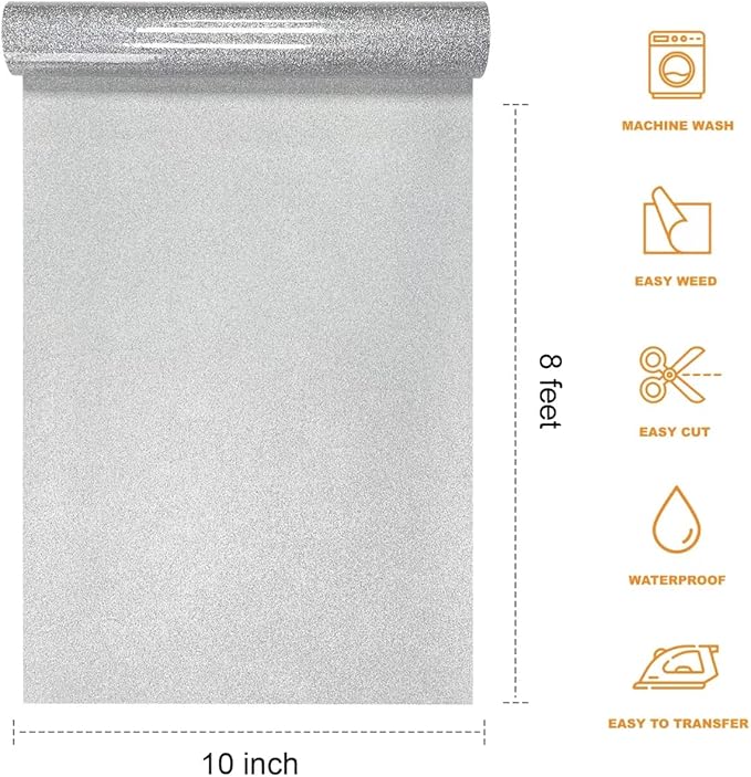 Silver Glitter HTV Heat Transfer Vinyl Rolls- 10" x 8ft. Glitter HTV Silver for Shirts. Iron on Vinyl and Heat Transfer Vinyl for All Cutters Machines. Easy to Cut & Weed Heat Vinyl Designs